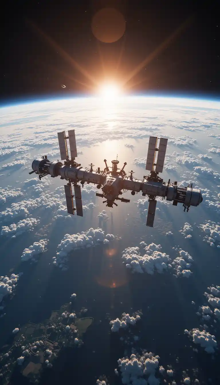 Enorme stazione spaziale in orbita attorno alla Terra all’alba