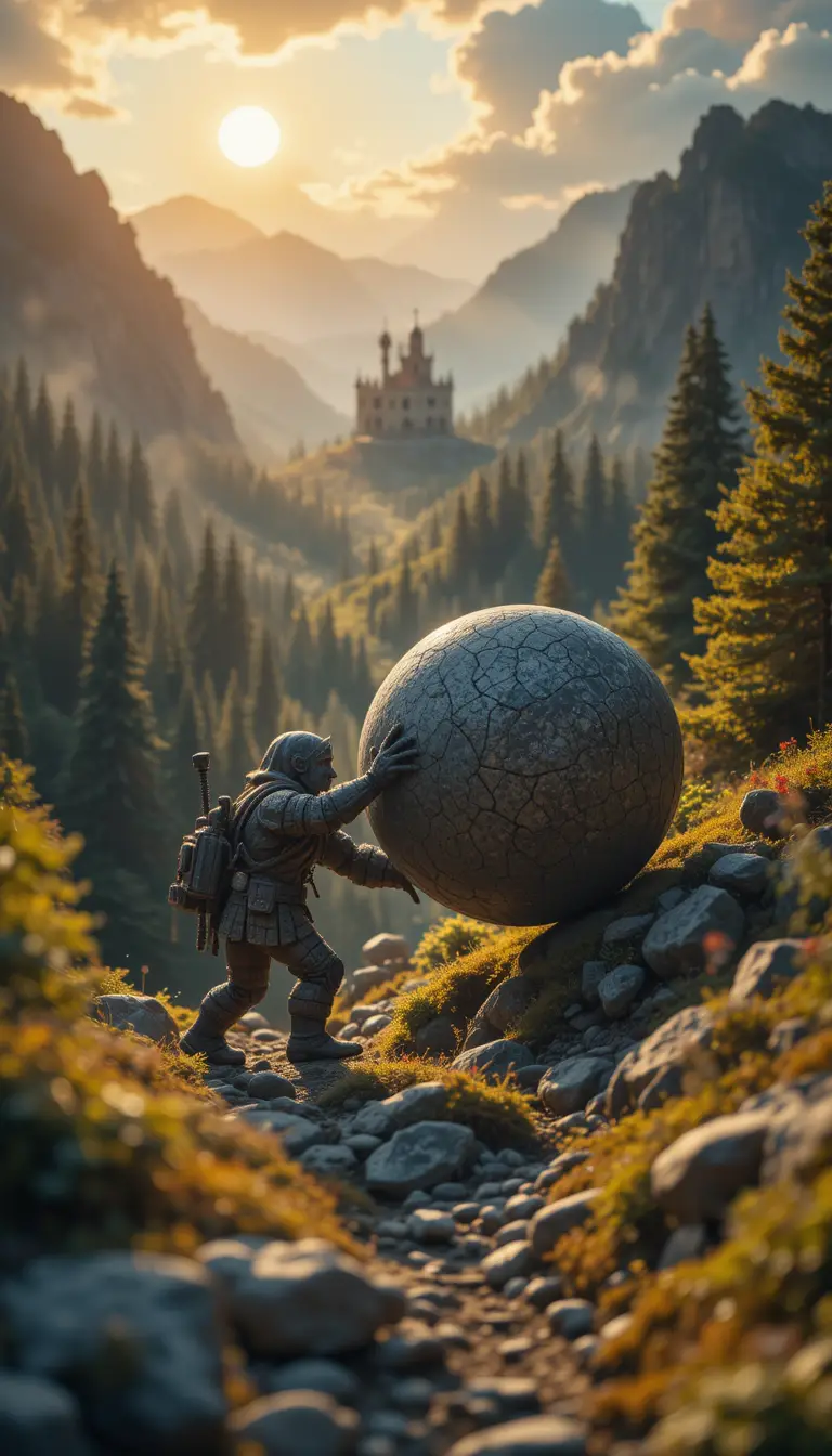 Stone golem pushing a boulder above a distant castle