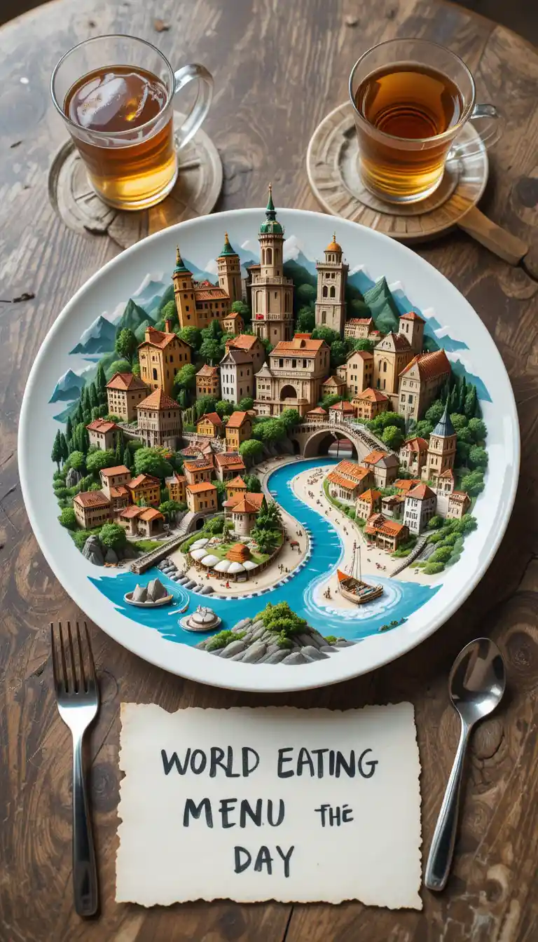 Miniature world cities and landscapes served on a plate