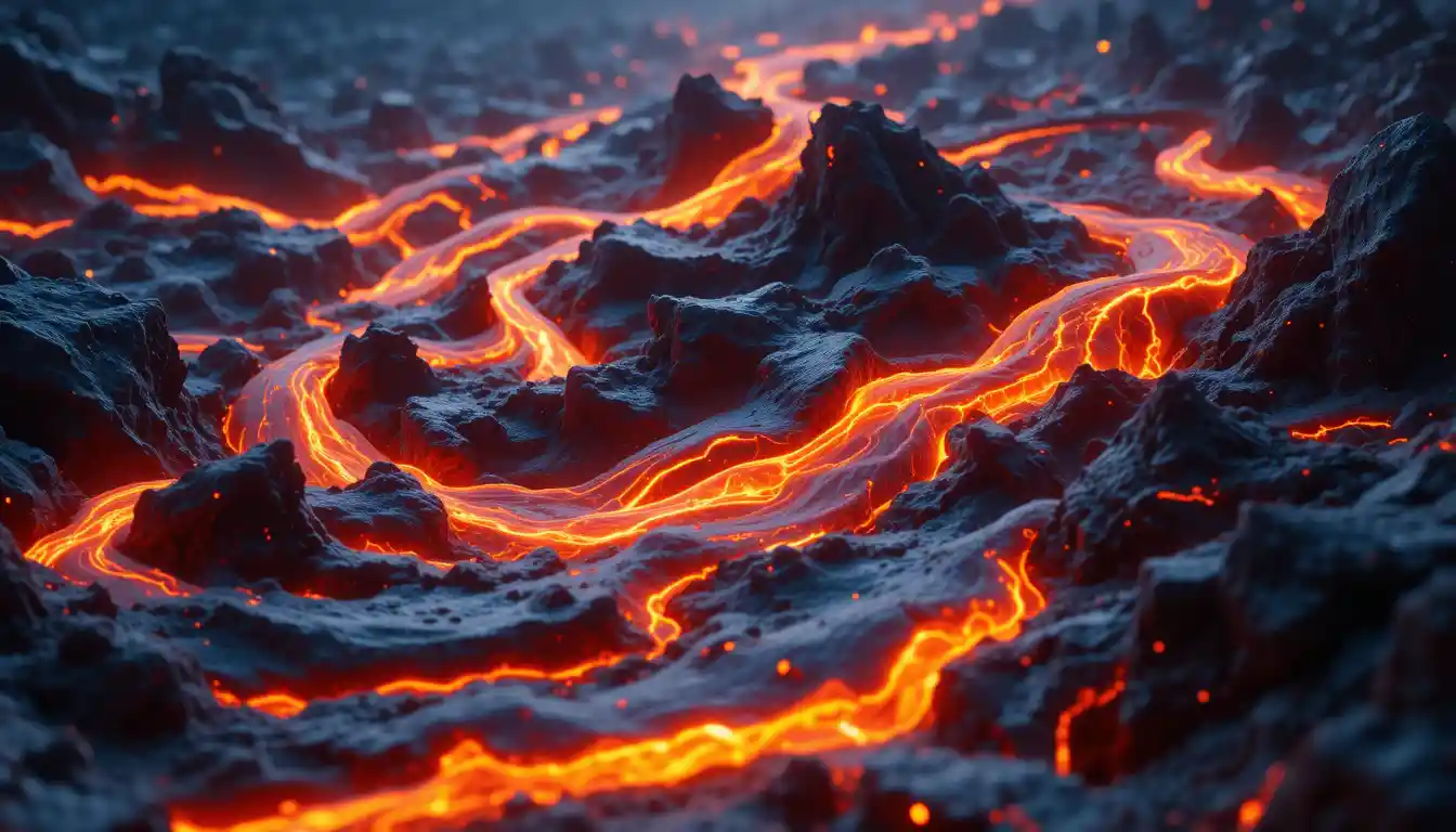 Chaotic cgi lava flow with twisted molten rocks