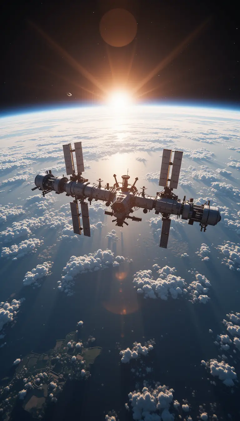 Massive Space Station Orbiting Earth At Sunrise