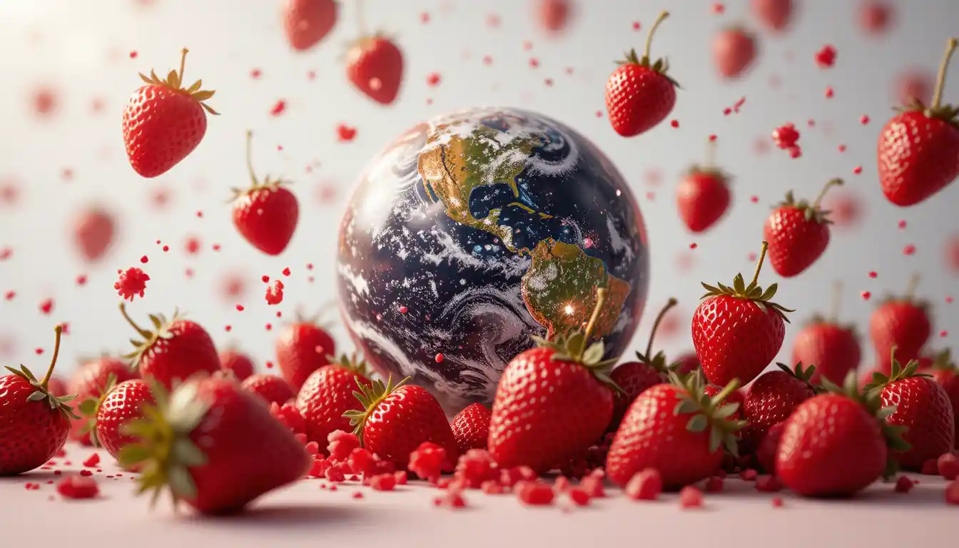 Vista macro di fragole fluttuanti su sfondo chiaro