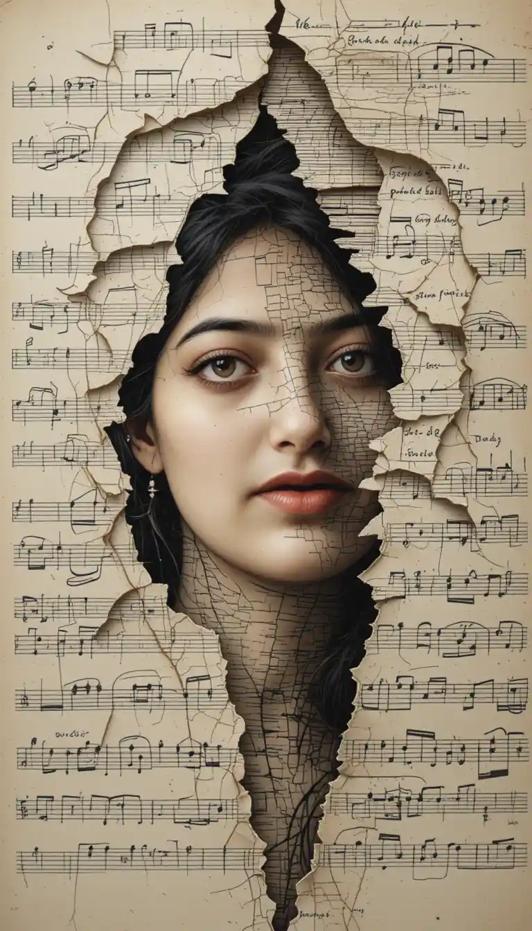 Surreal portrait of a woman emerging from sheet music
