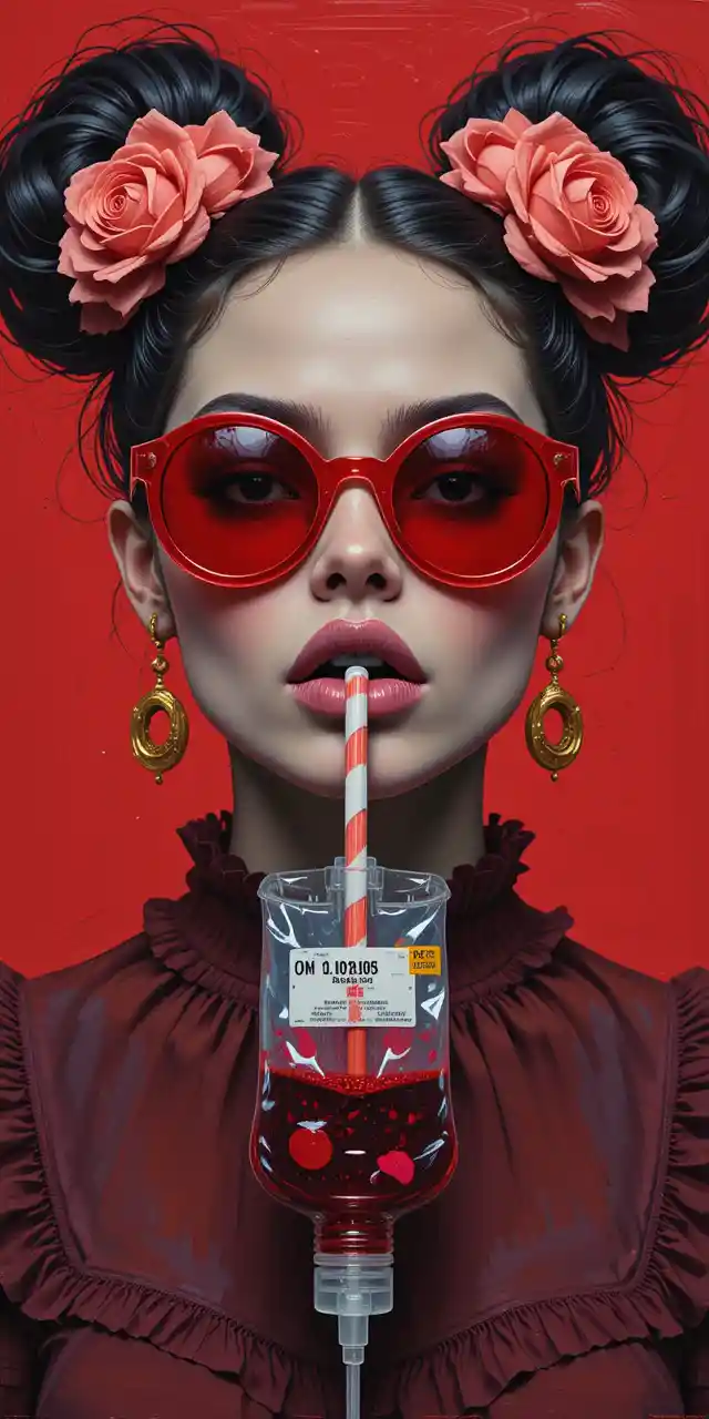 Fierce girl drinking from a hospital blood bag