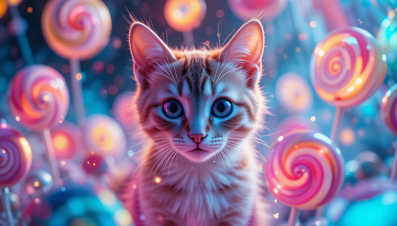 サイケなキャンディネオンの世界にいるキュートな猫のアップ