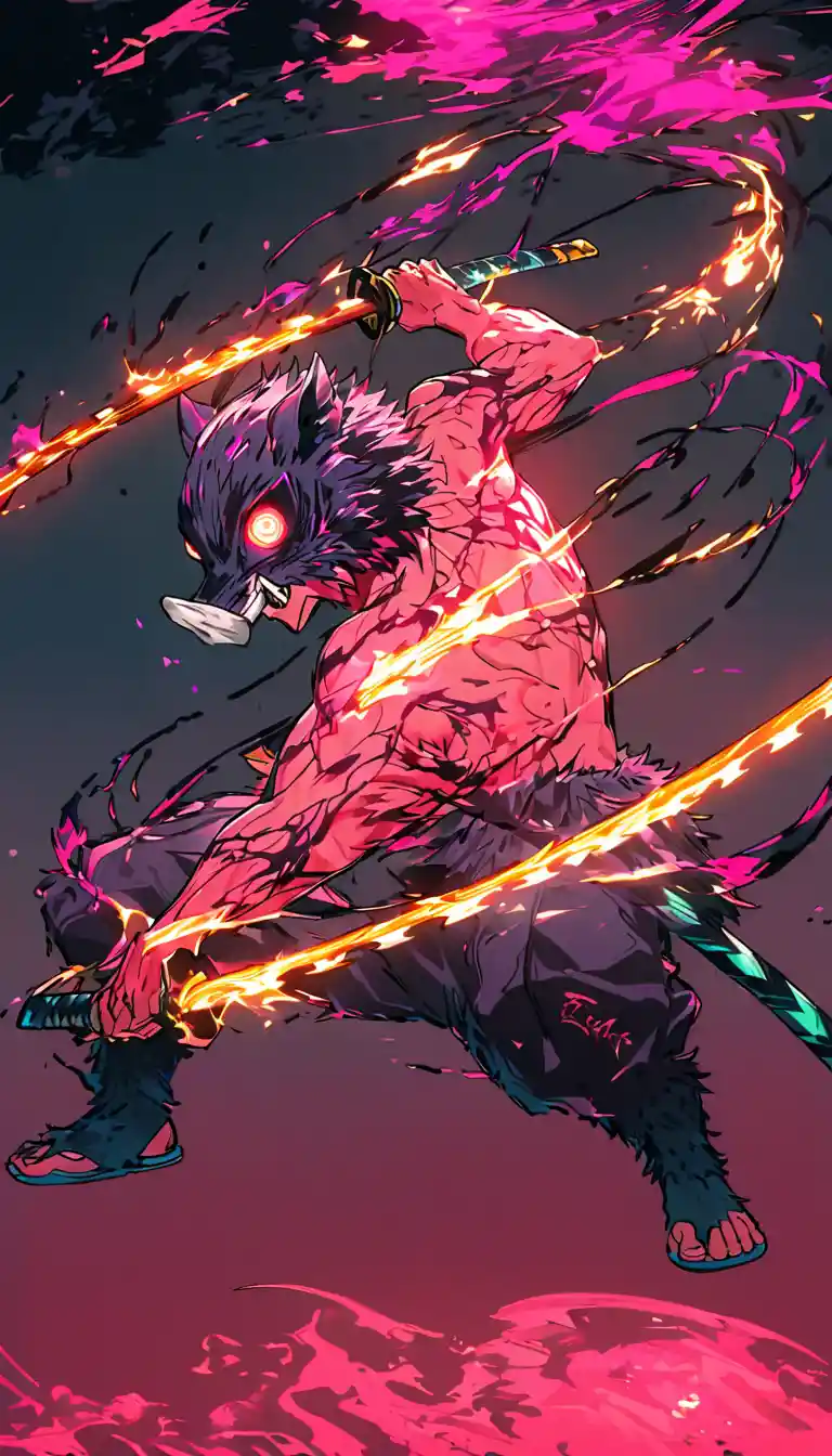 Anime demon warrior with neon energy in dynamic pose