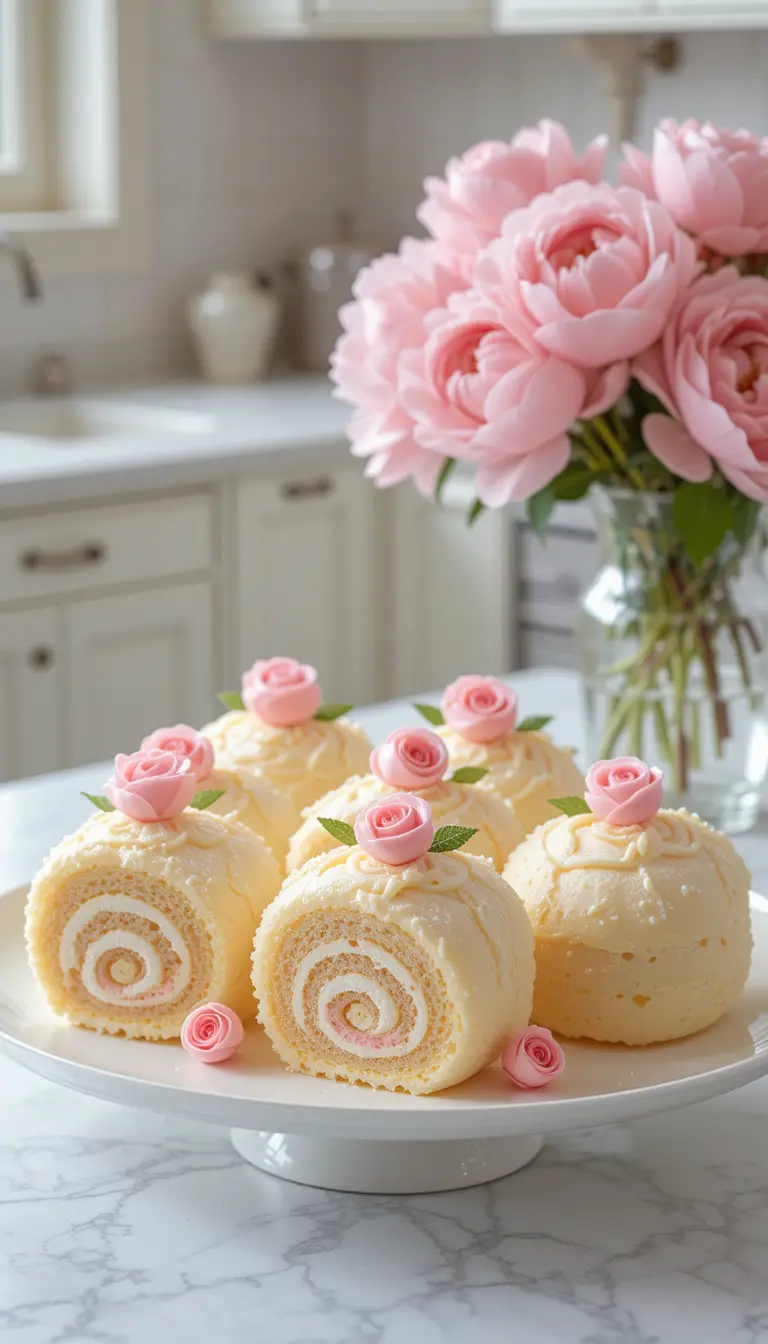 Cream Swiss Roll Cakes With Roses In Pastel Kitchen