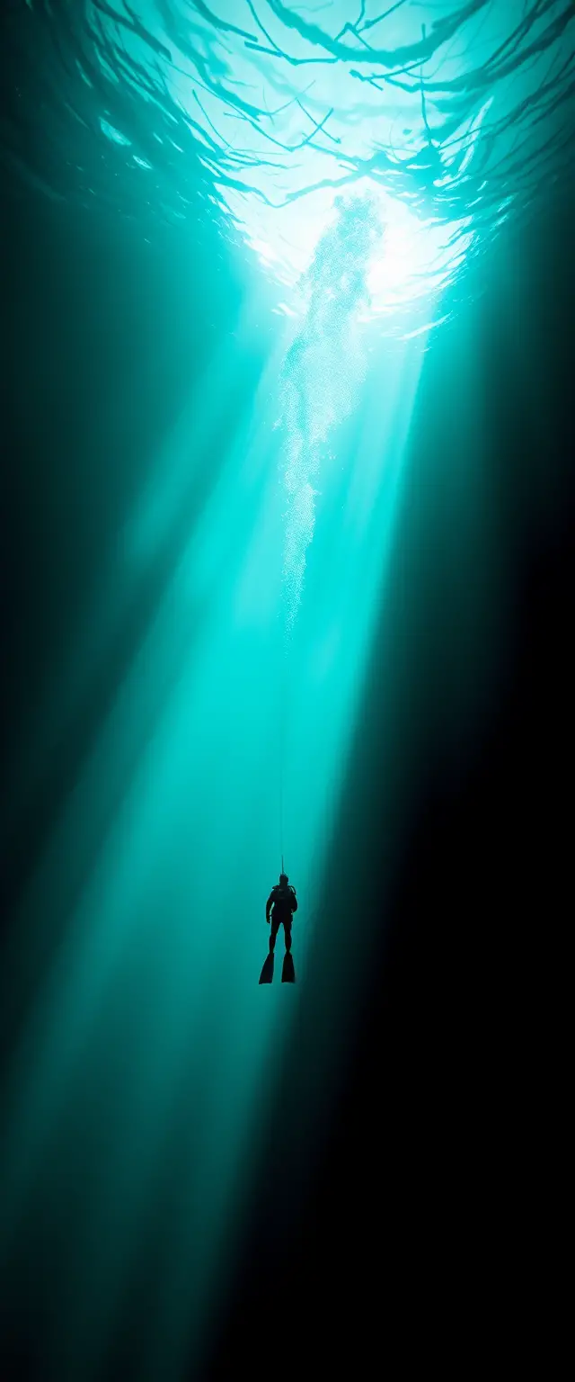 Lone diver floating in a sunlit emerald underwater abyss
