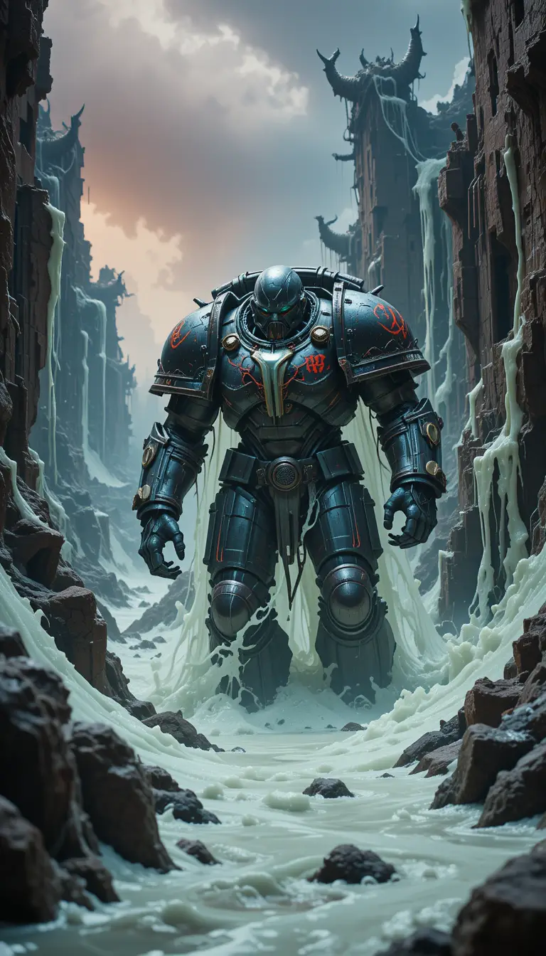 Armored sci fi soldier wading through nightmarish sludge ravine