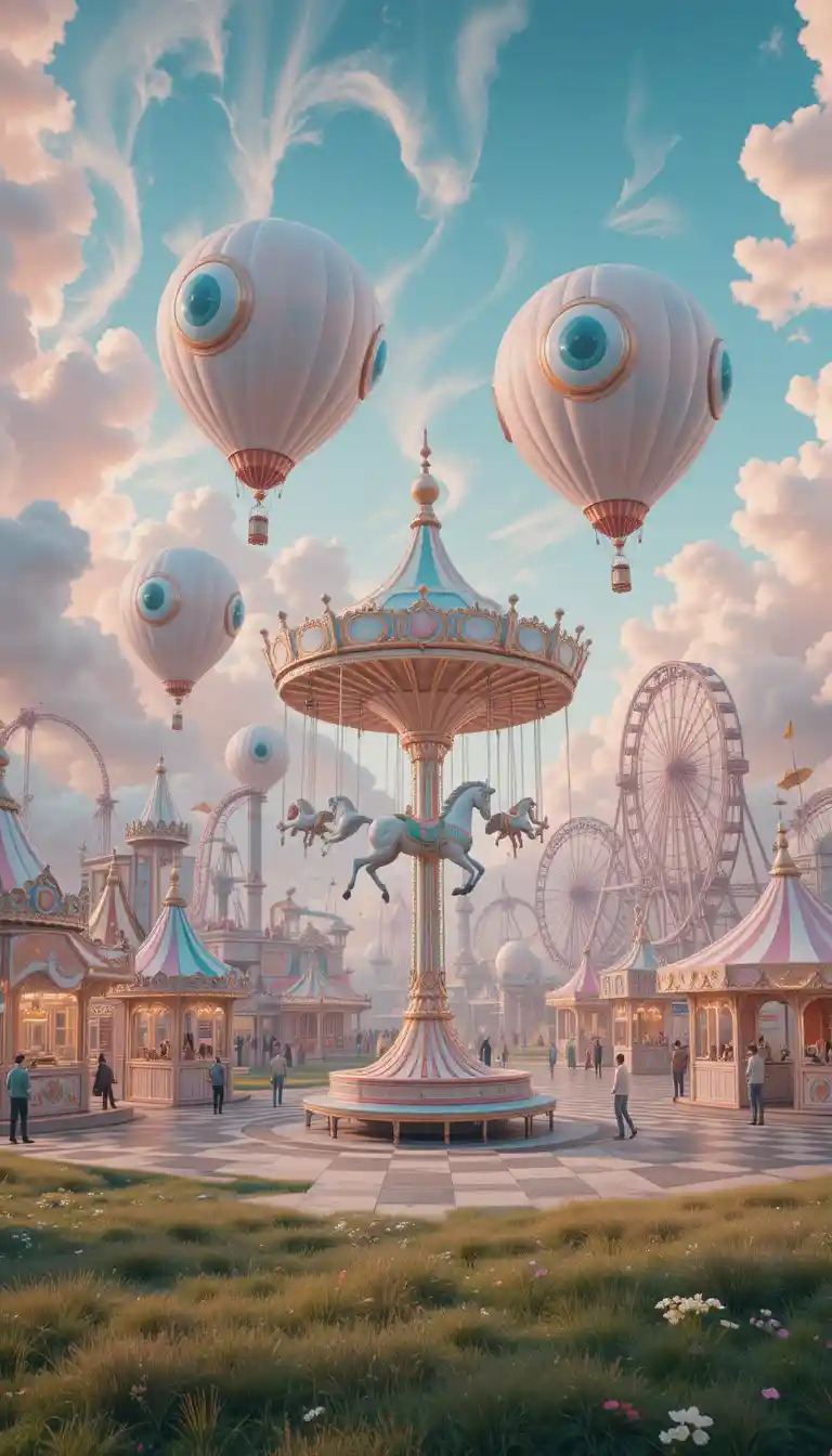 Surreal Floating Carnival In A Pastel Dreamlike World