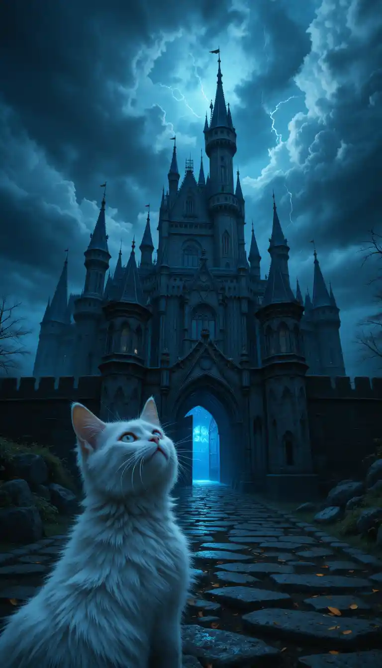 White cat gazing at looming dark castle gates