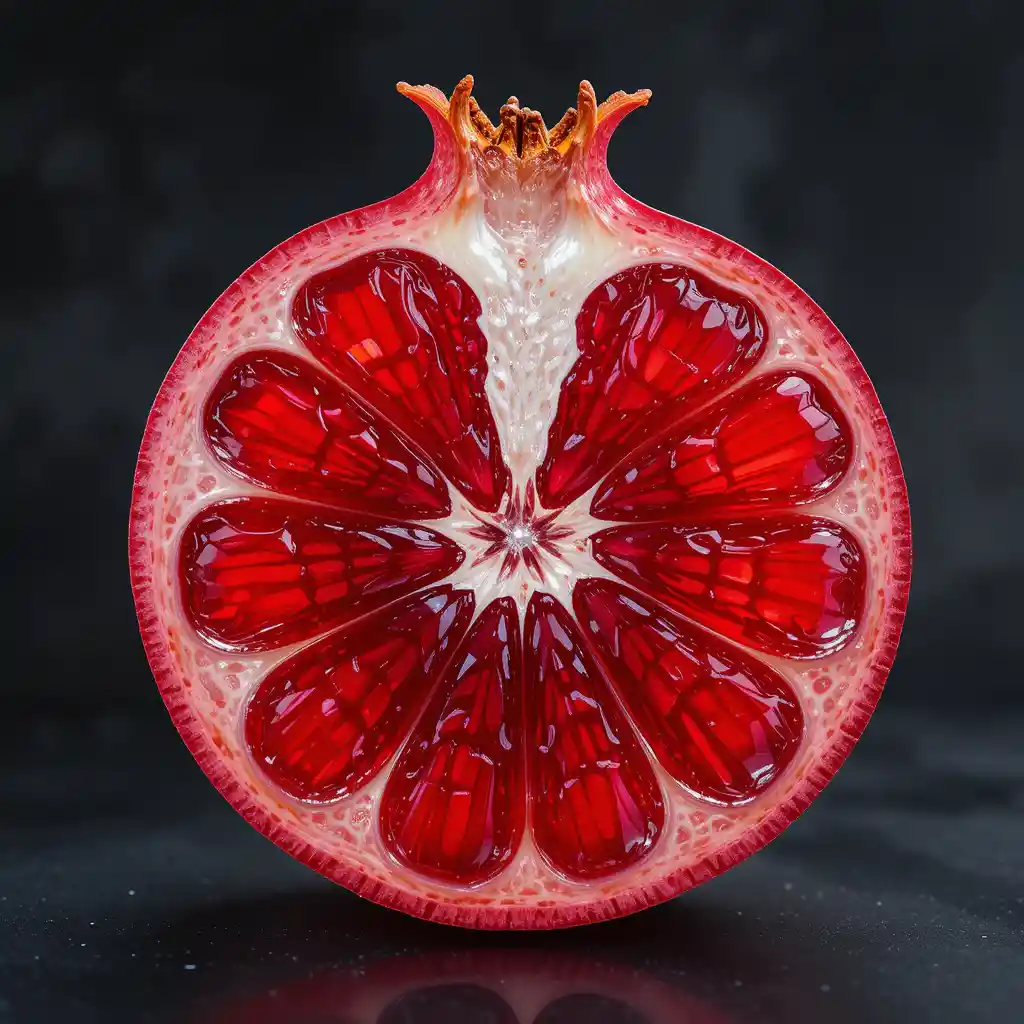 Transparent half pomegranate slice in vivid ruby red tones