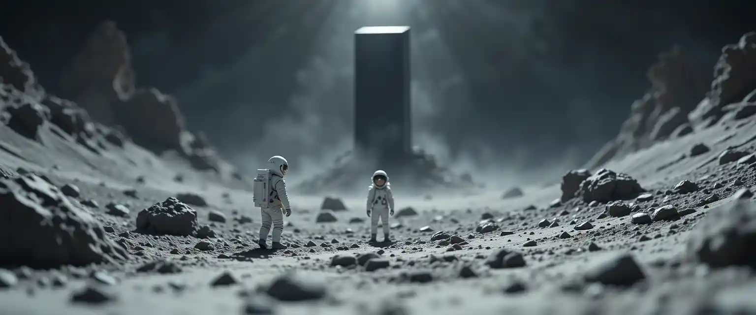 Tiny astronaut exploring a mysterious alien monolith landscape