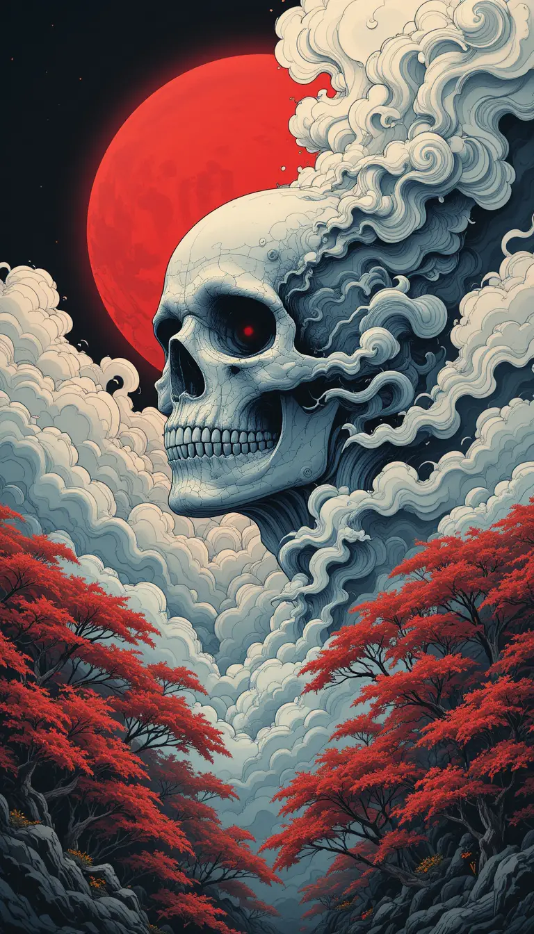 Surreal skull dissolving into clouds with crimson maple trees