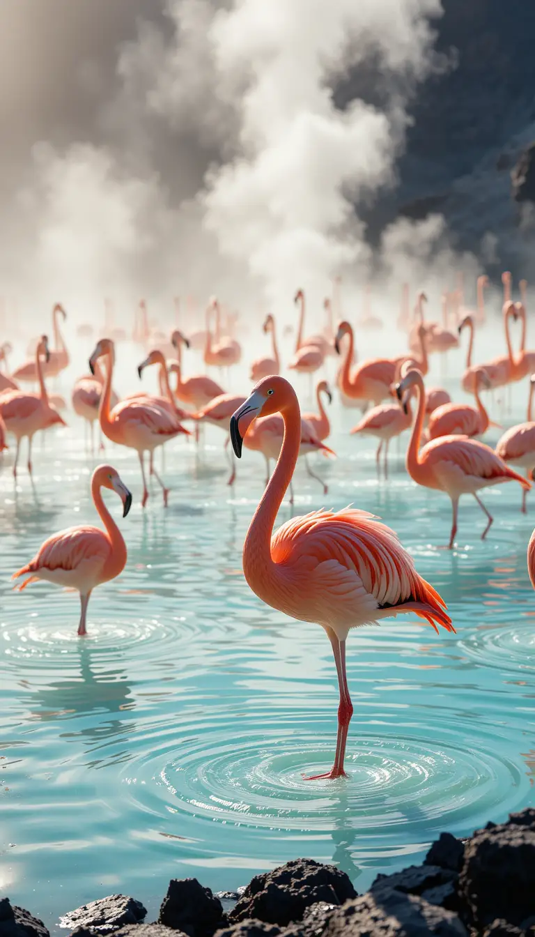 Flamingos In A Steaming Turquoise Volcanic Crater Lagoon