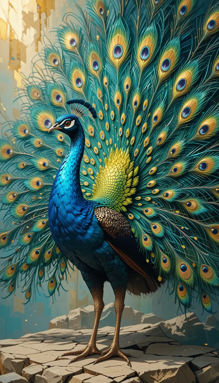 Majestic Peacock With Iridescent Fan In Textured Oil Painting