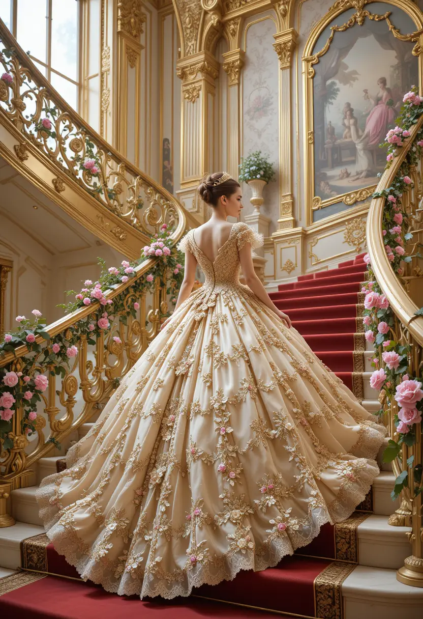 Elegant woman ascending red carpeted palace staircase
