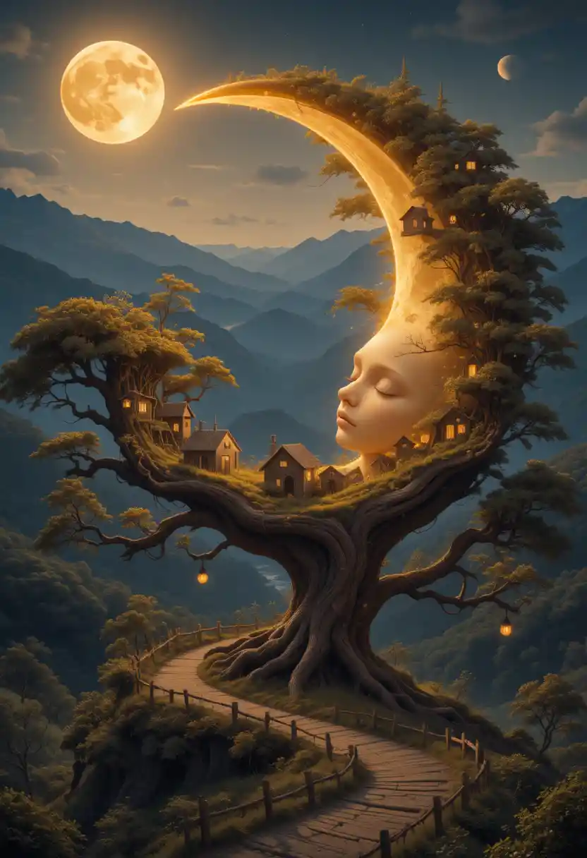 Sleeping moon child face cradled in a treetop home