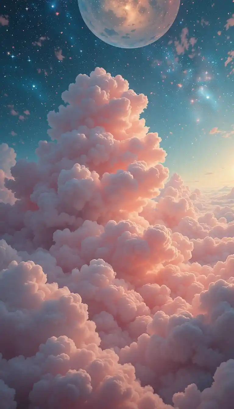 Celestial sky of endless rosy clouds and light