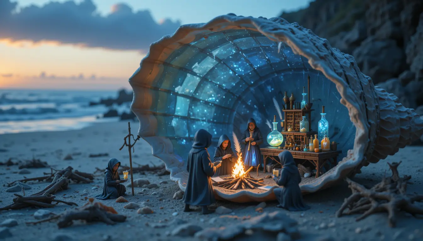 Miniature alchemists working inside a glowing seashell