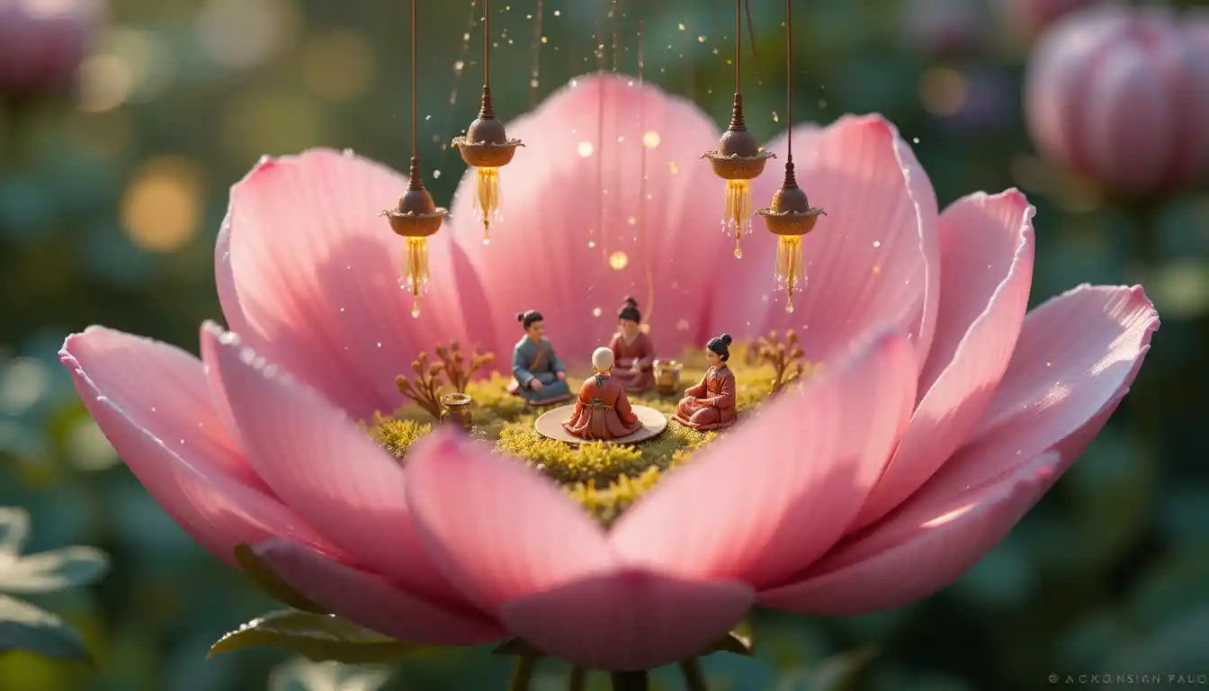 Dreamlike 3d miniature world inside a blooming peony