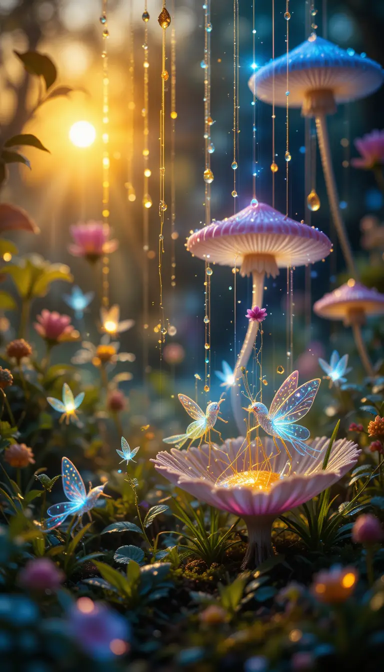 Tiny Luminous Fairies Playing With Dewdrops At Dusk