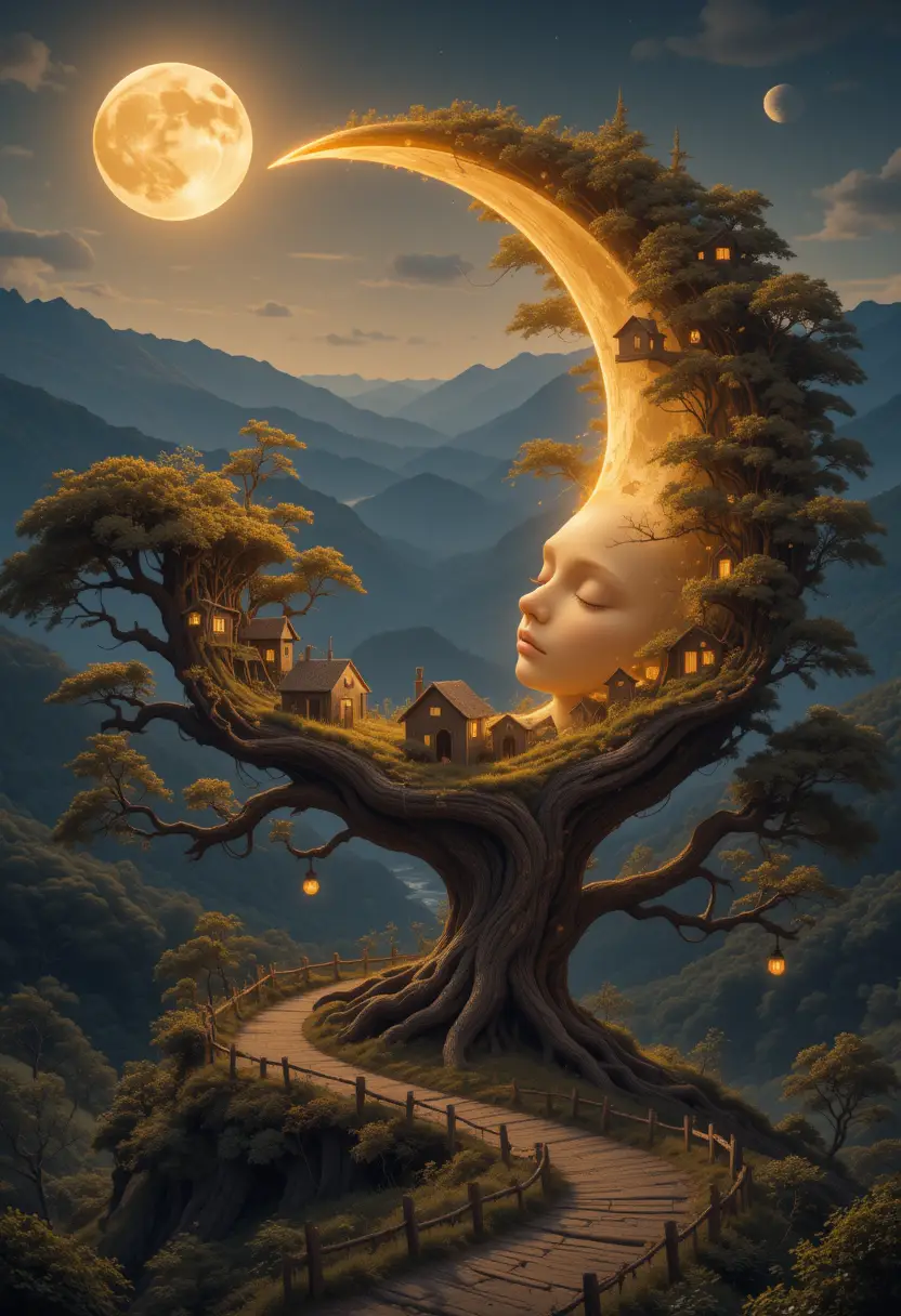 Sleeping moon child face cradled in a treetop home