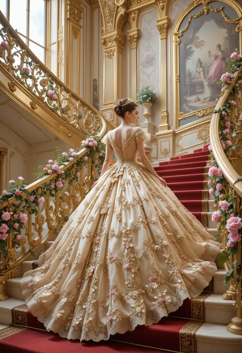 Elegante Frau auf roter Palasttreppe