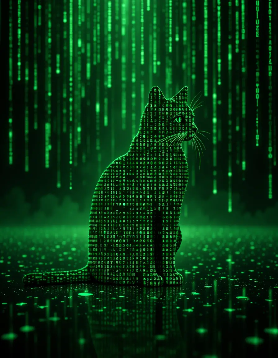 Cat silhouette made of falling green digital code