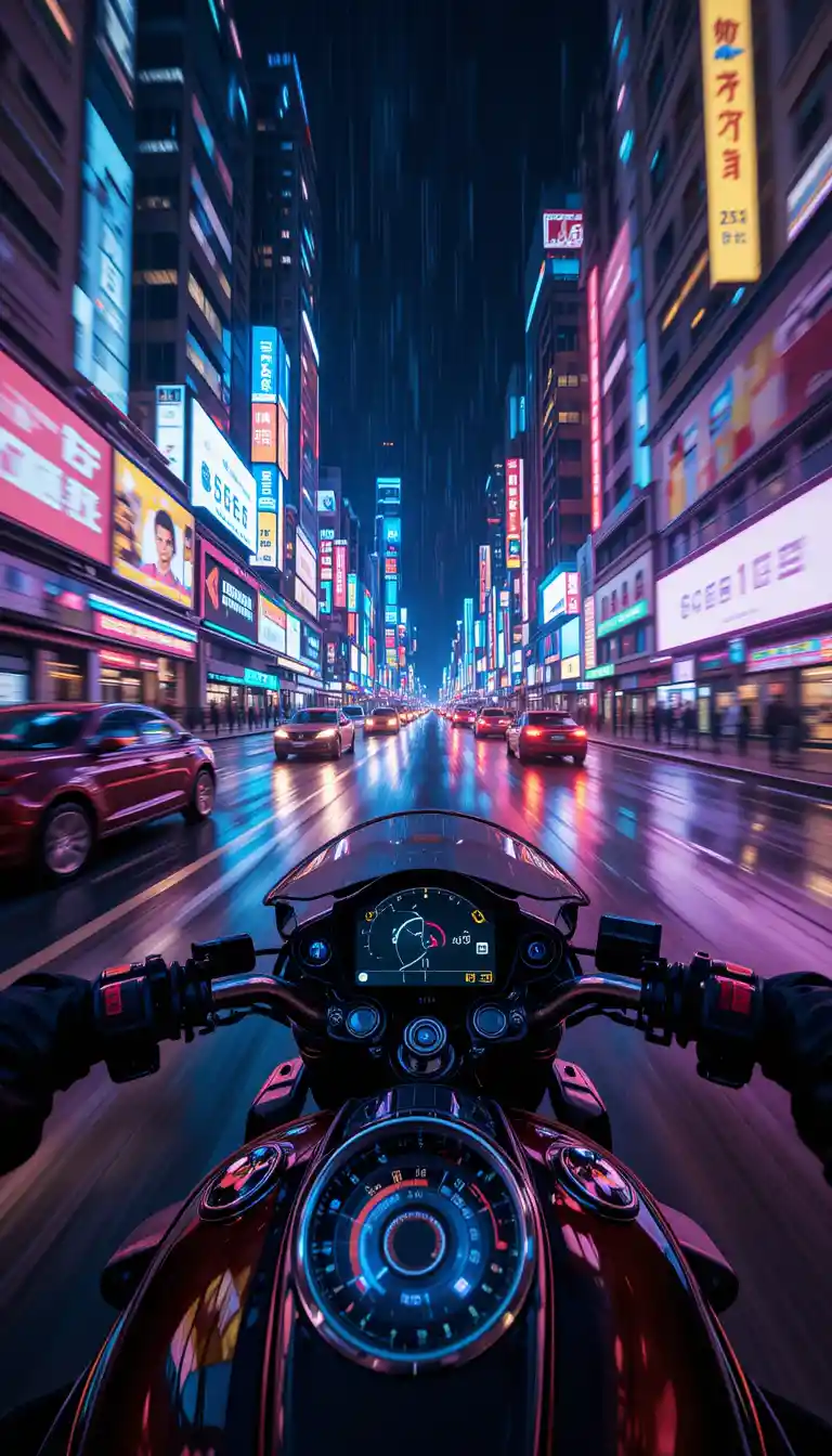 Motorcycle speeding through futuristic neon city at night