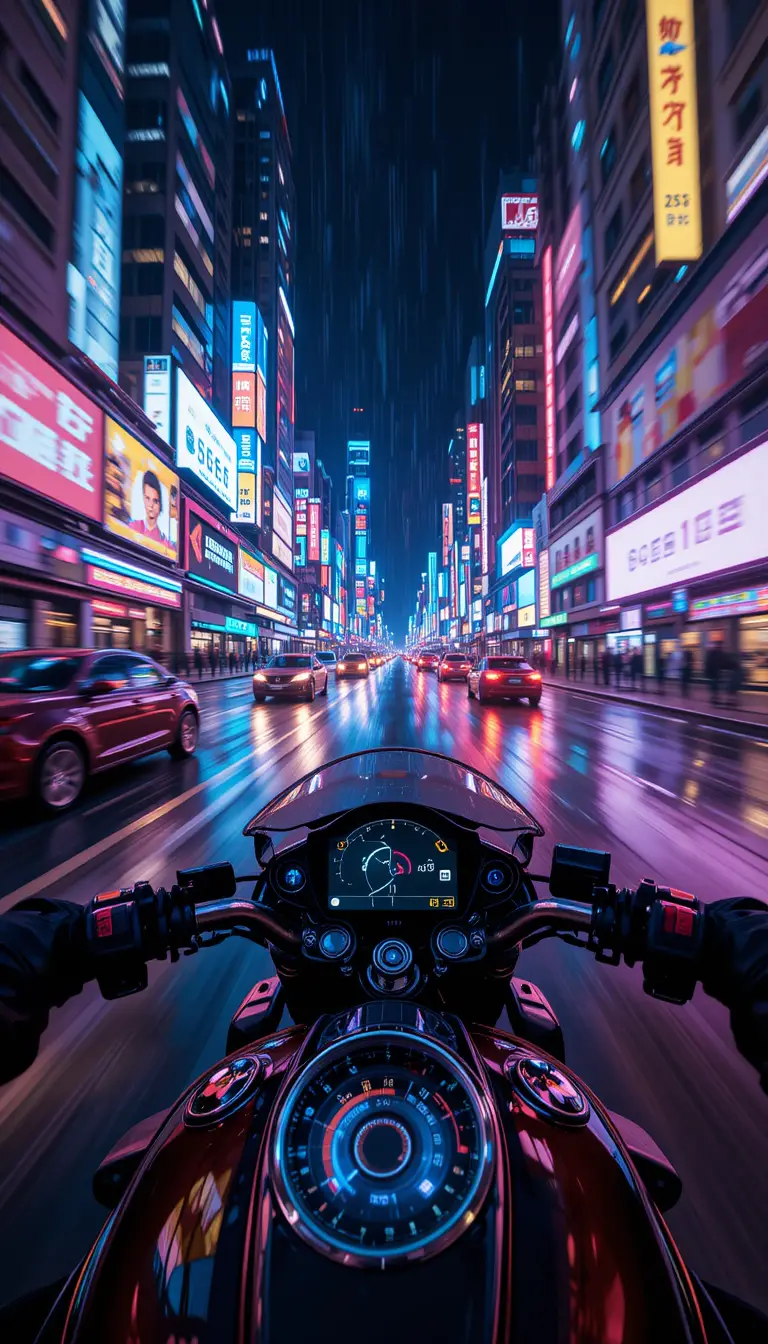 Motorcycle speeding through futuristic neon city at night