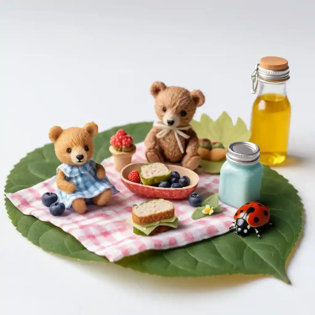 Tiny baby animals having a sweet picnic on a leaf