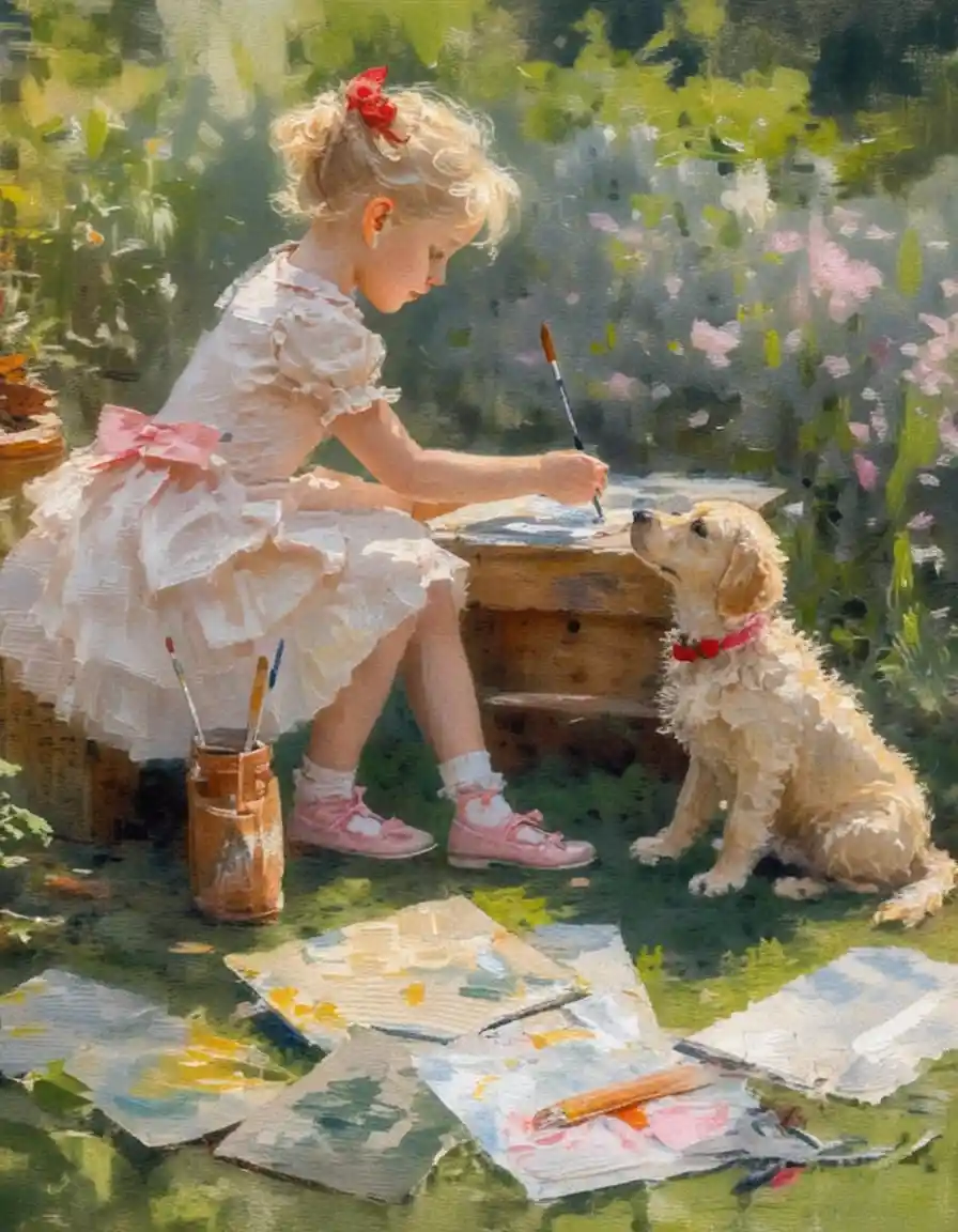 Young girl painting in a sunny garden with small dog