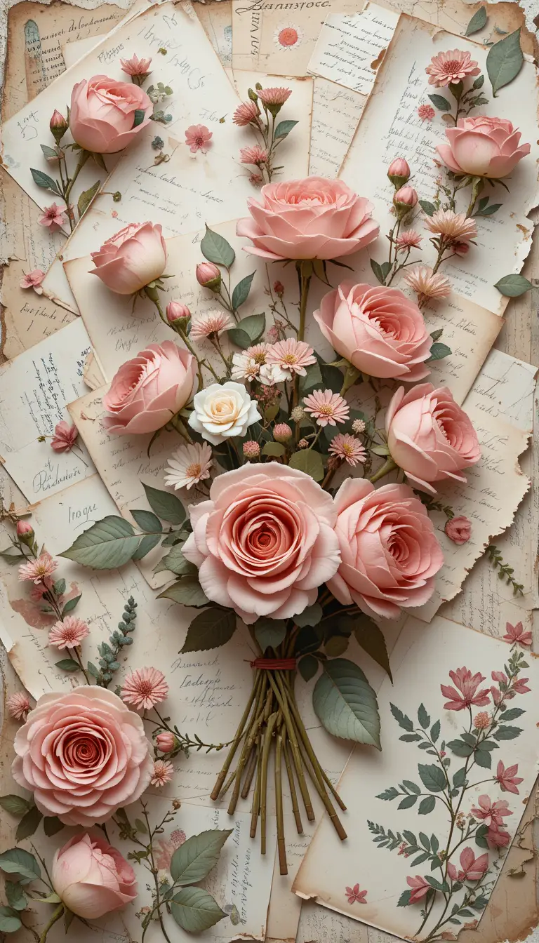 Vintage floral letters on aged paper flat lay scene