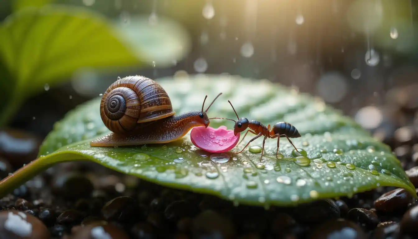 Minuscule fourmi offrant un pétale rose à un escargot sur une feuille
