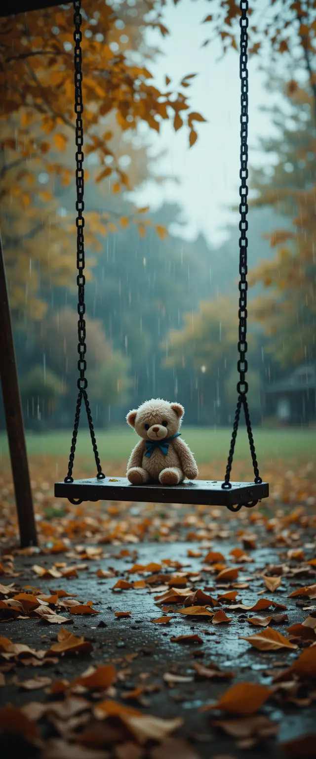 Lonely swing with stuffed animal in gentle autumn rain