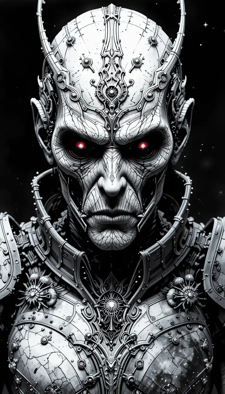 Enigmatic old robot portrait with glowing ruby eyes