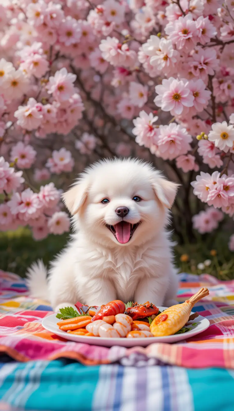 Playful white puppy eating seafood at spring picnic