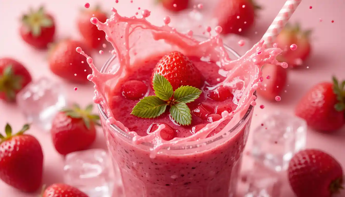 Vibrant strawberry smoothie splash with ice on light background