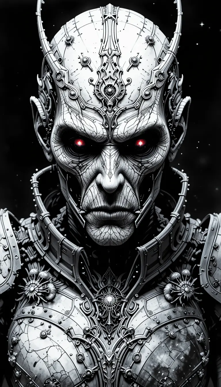 Enigmatic old robot portrait with glowing ruby eyes