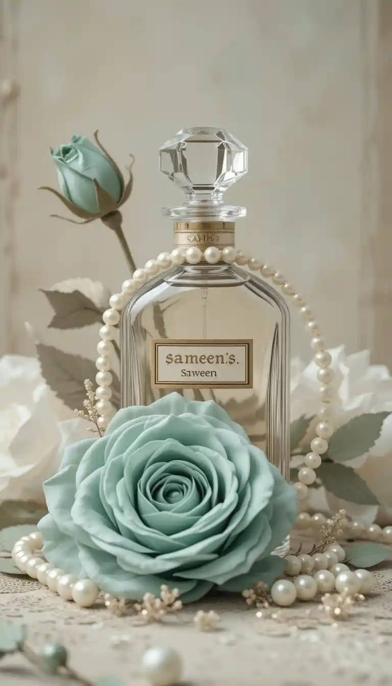 Frasco de perfume vintage con flores de seda y perlas