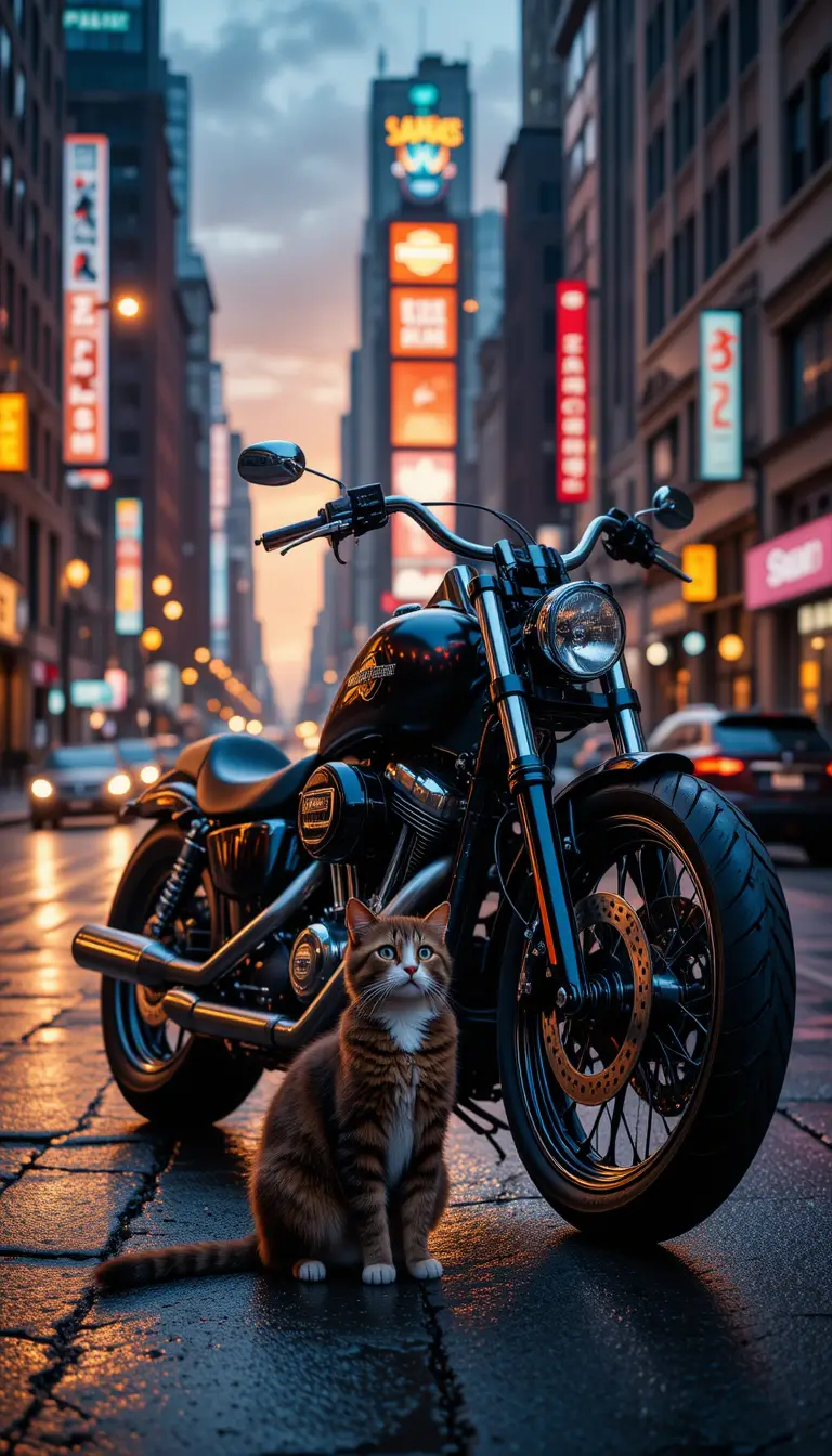 Powerful motorcycle and cat on glowing city street