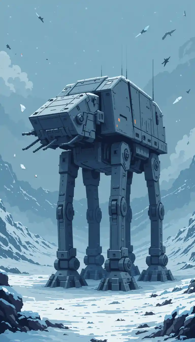 Futuristic military walker in a snowy pixel art storm