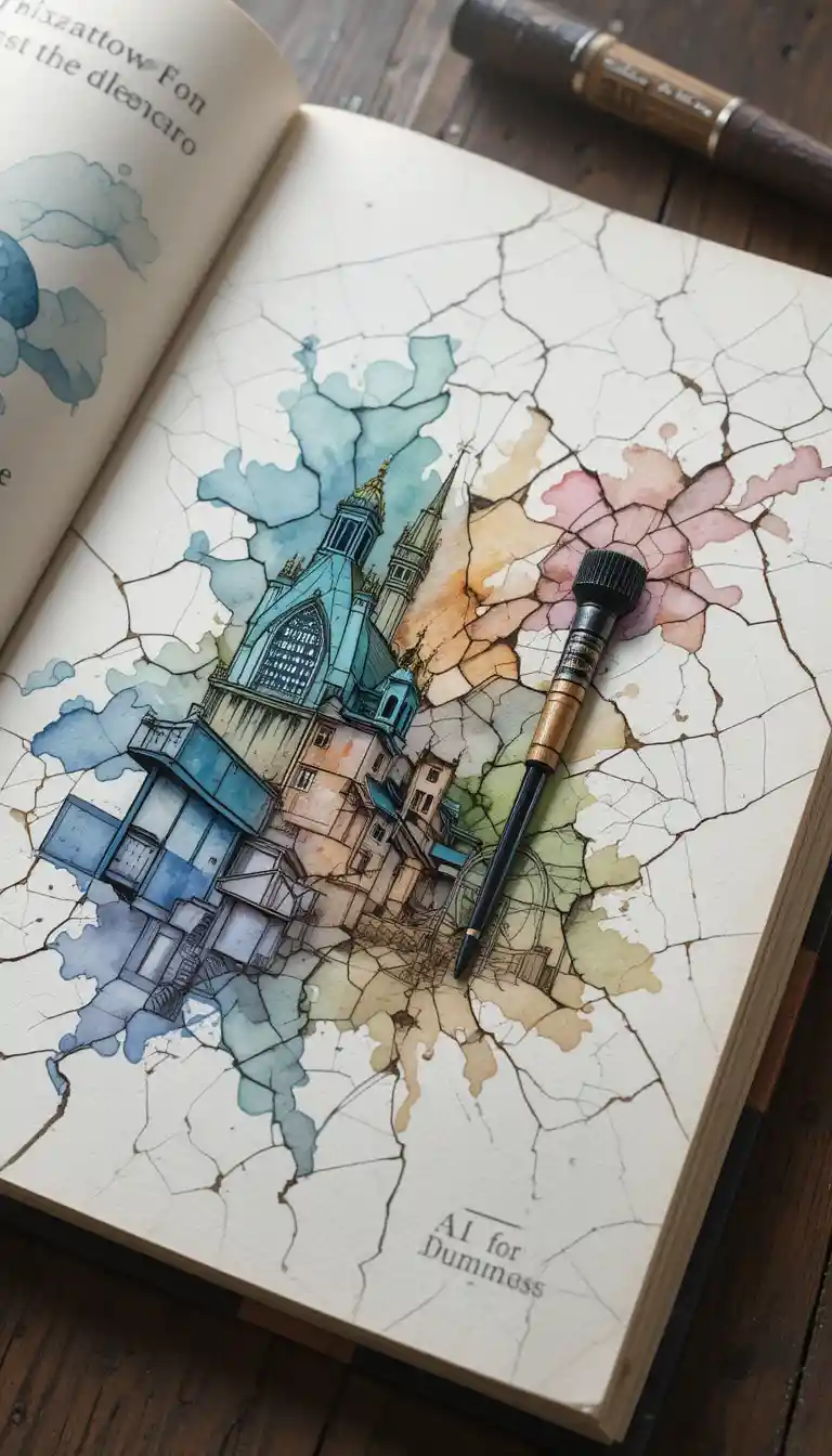 Watercolor illustration of a cracked paper book cover
