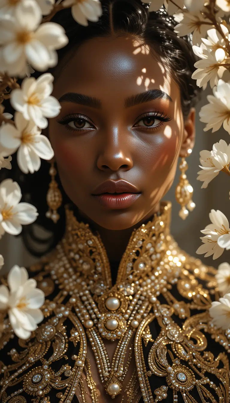 Black woman in ornate gold gown with white blossoms