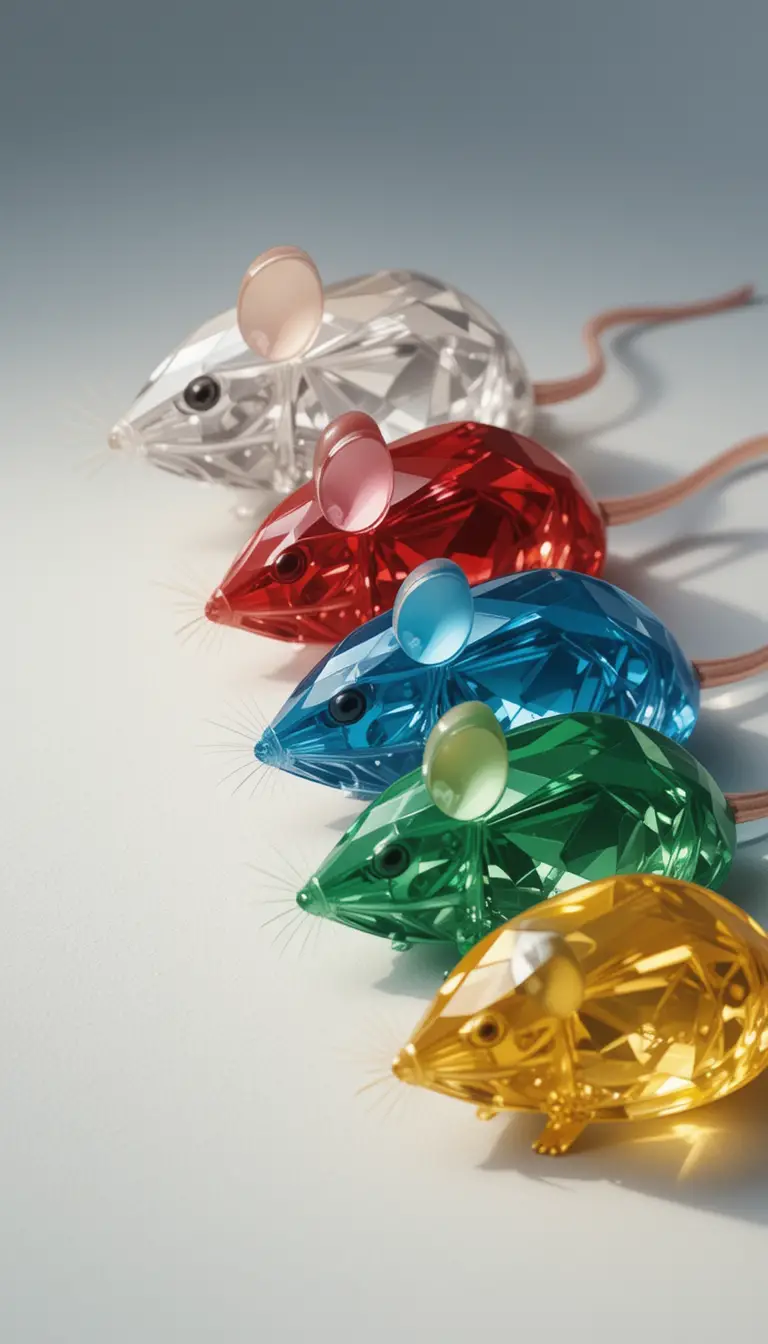 Row of colorful faceted gemstone mice on light background