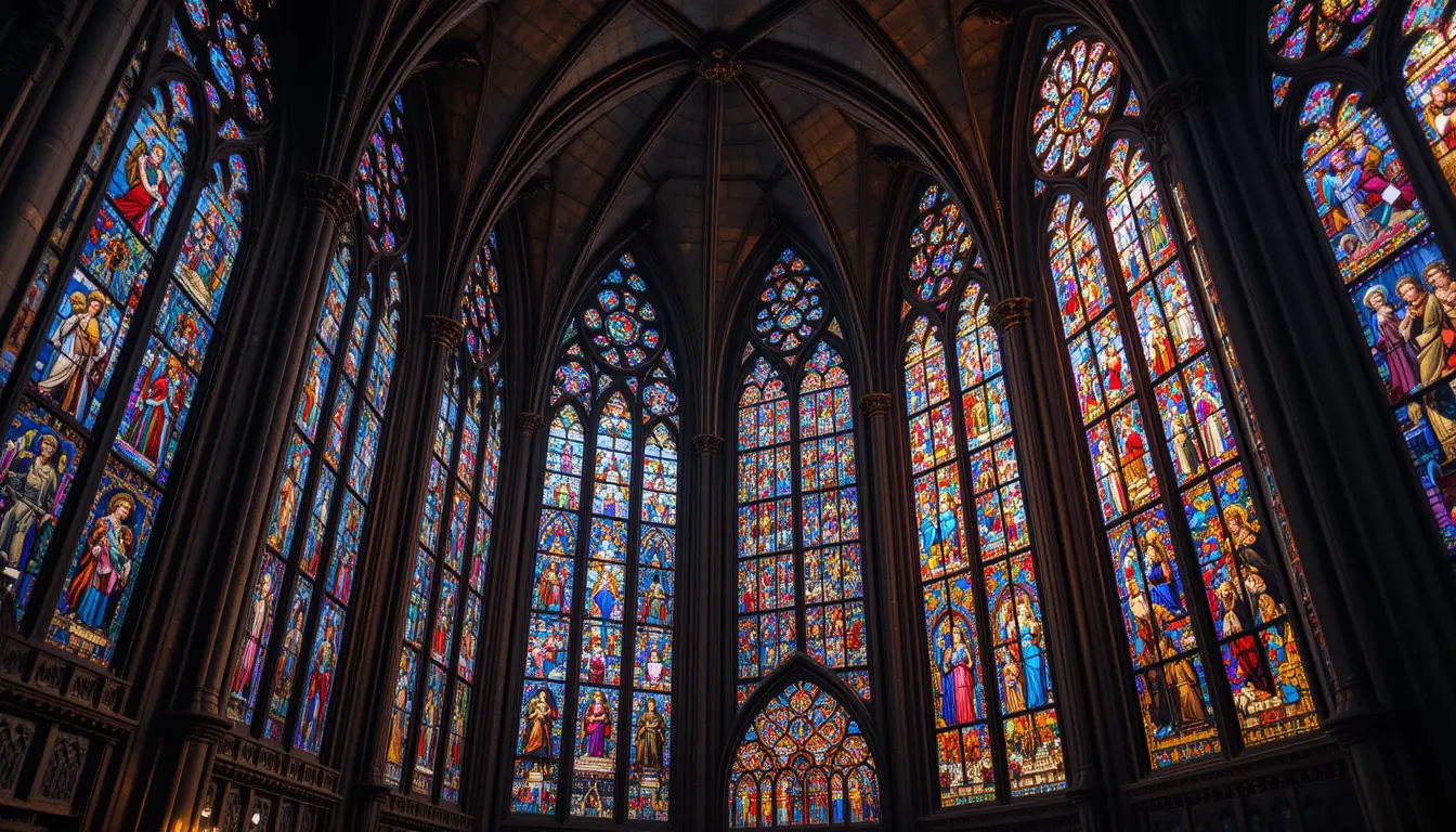 Colorful stained glass windows inside a parisian chapel
