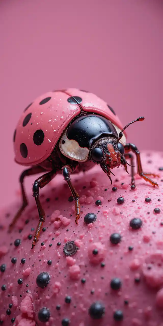Macro digital art of a giant ladybug on pink