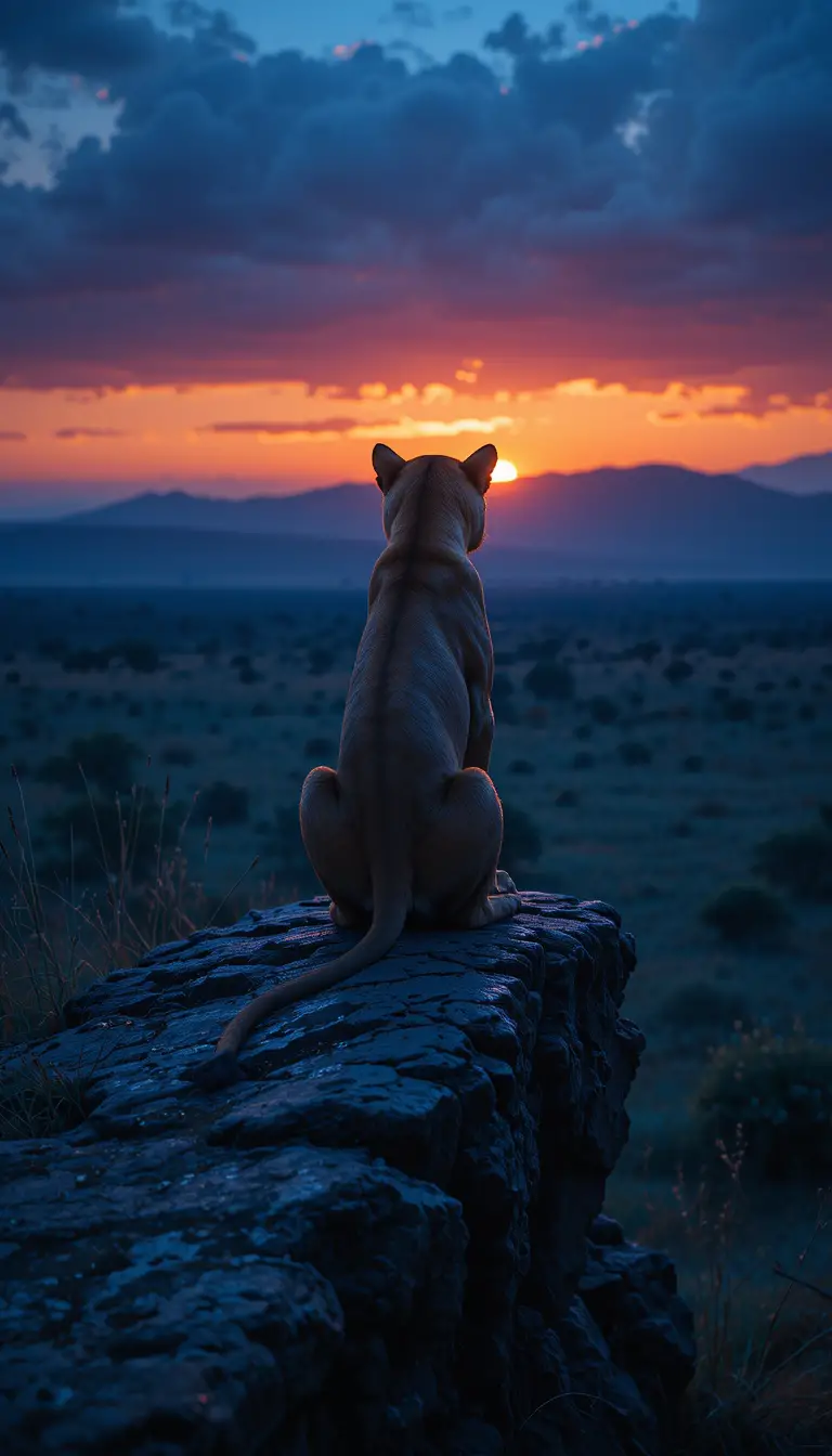Lioness On Rocky Ledge Overlooking Plains At Dusk