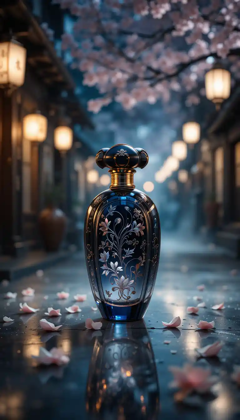 Luxurious Perfume Bottle In Atmospheric Japanese Street